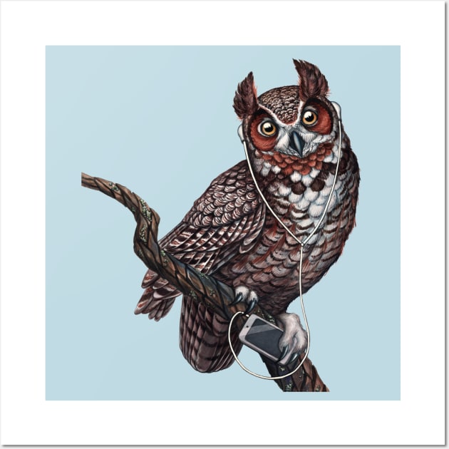 Great Horned Owl with Headphones Wall Art by JadaFitch